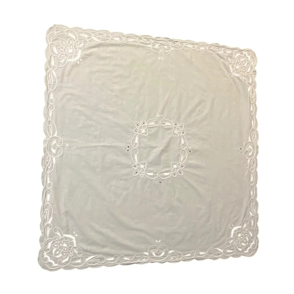 Vintage White Cutwork Embroidered Tablecloth Floral Linen Cotton Broderie Anglai